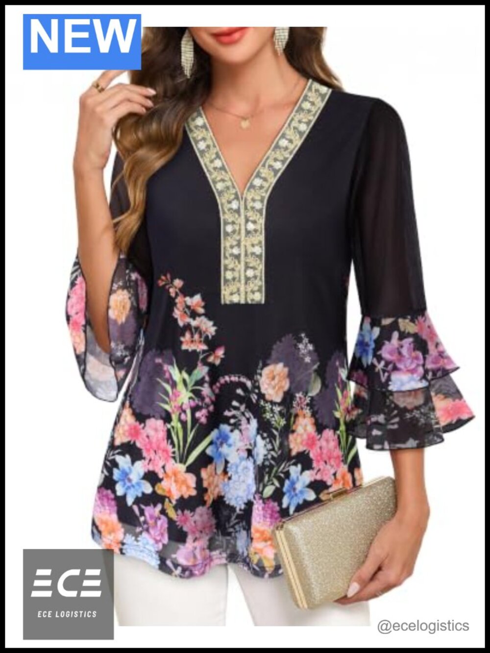 Womens Ruffle 3/4 Sleeve V Neck Mesh Blouse Double Layer Dressy Casual Top